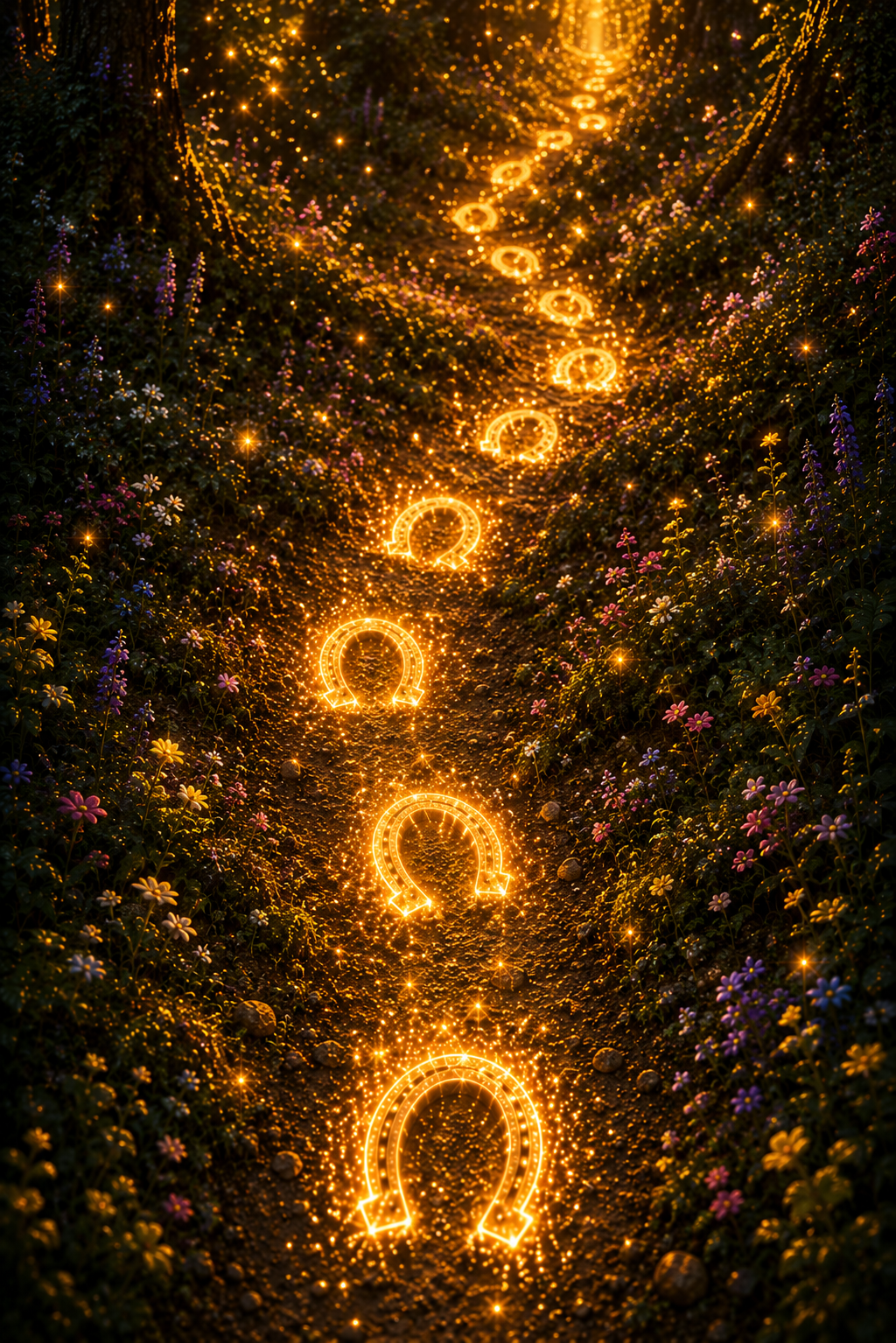Eine Spur aus golden leuchtenden Hufabdrücken führt durch den dunklen, von Blumen und funkelnden Lichtern verzauberten Wald