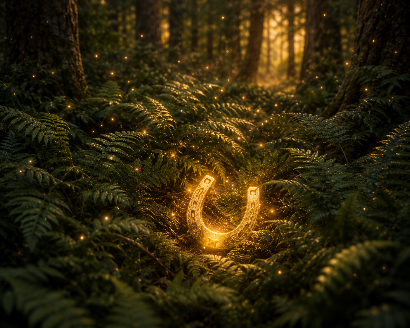 Ein golden leuchtendes Hufeisen liegt verborgen zwischen dichten Farnen im magischen Wald und wird von kleinen funkelnden Lichtpunkten umgeben.