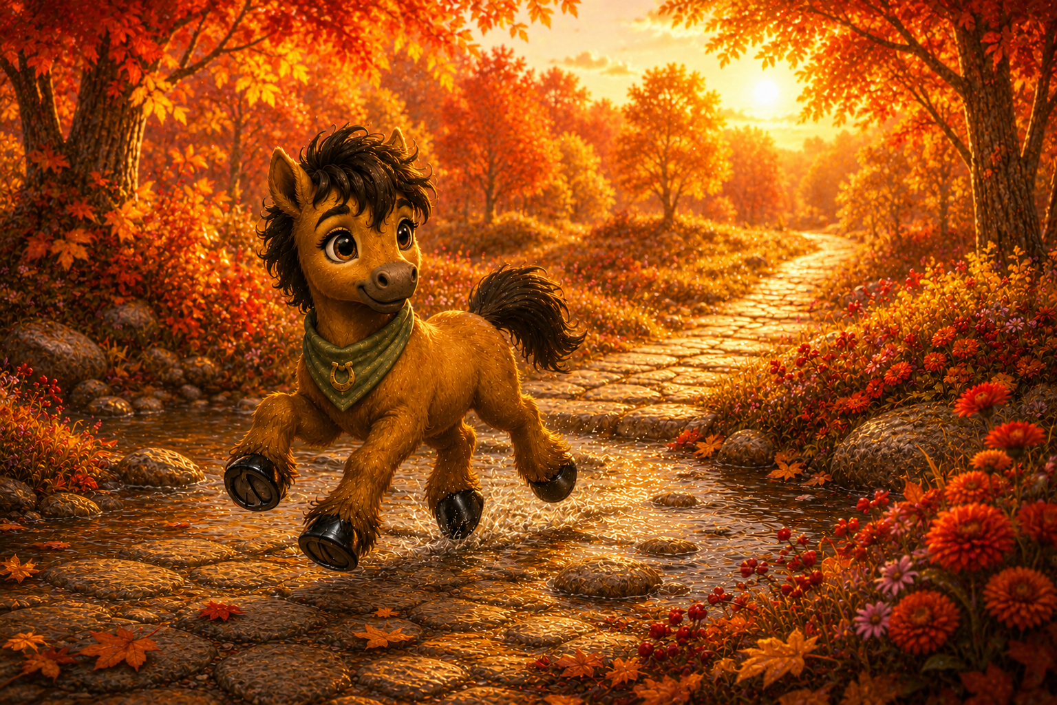 Pony Milo springt fröhlich durch einen glitzernden Bach im leuchtenden Herbstwald des Goldhains