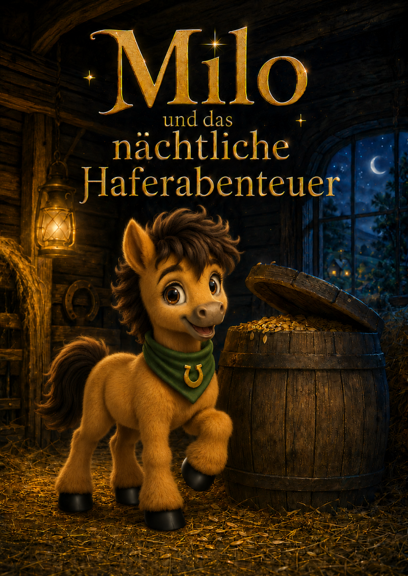 1. Titelbild „Milo und das nächtliche Haferabenteuer“ mit Milo neben einer geöffneten Hafertonne im nächtlich beleuchteten Goldhain-Stall. 