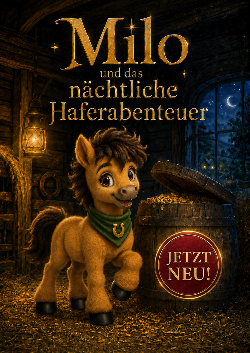 Milo steht nachts in einer warm beleuchteten Scheune neben einer geöffneten Hafertonne. Über ihm leuchtet der Titel „Milo und das nächtliche Haferabenteuer“, auf dem Fass steht „Jetzt neu!“