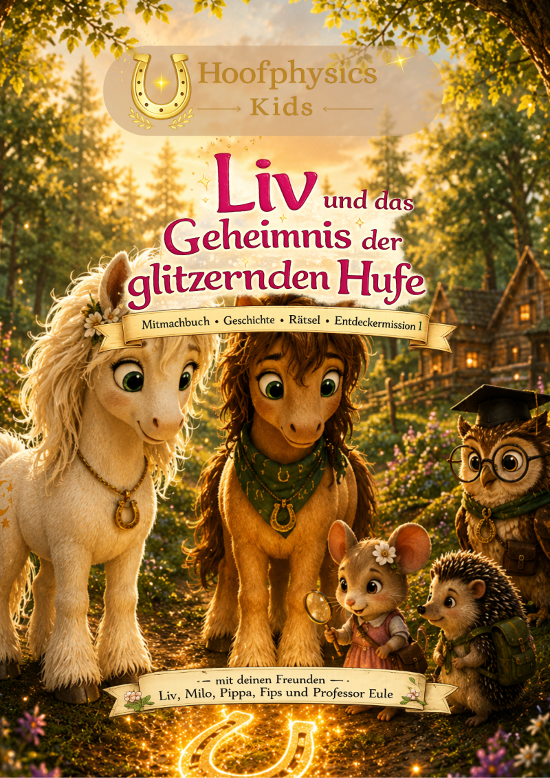Cover des Hoofphysics-Kids-Mitmachbuchs ‚Liv und das Geheimnis der glitzernden Hufe‘ mit Liv, Milo, Pippa, Fips und Professor Eule im magischen Goldhain