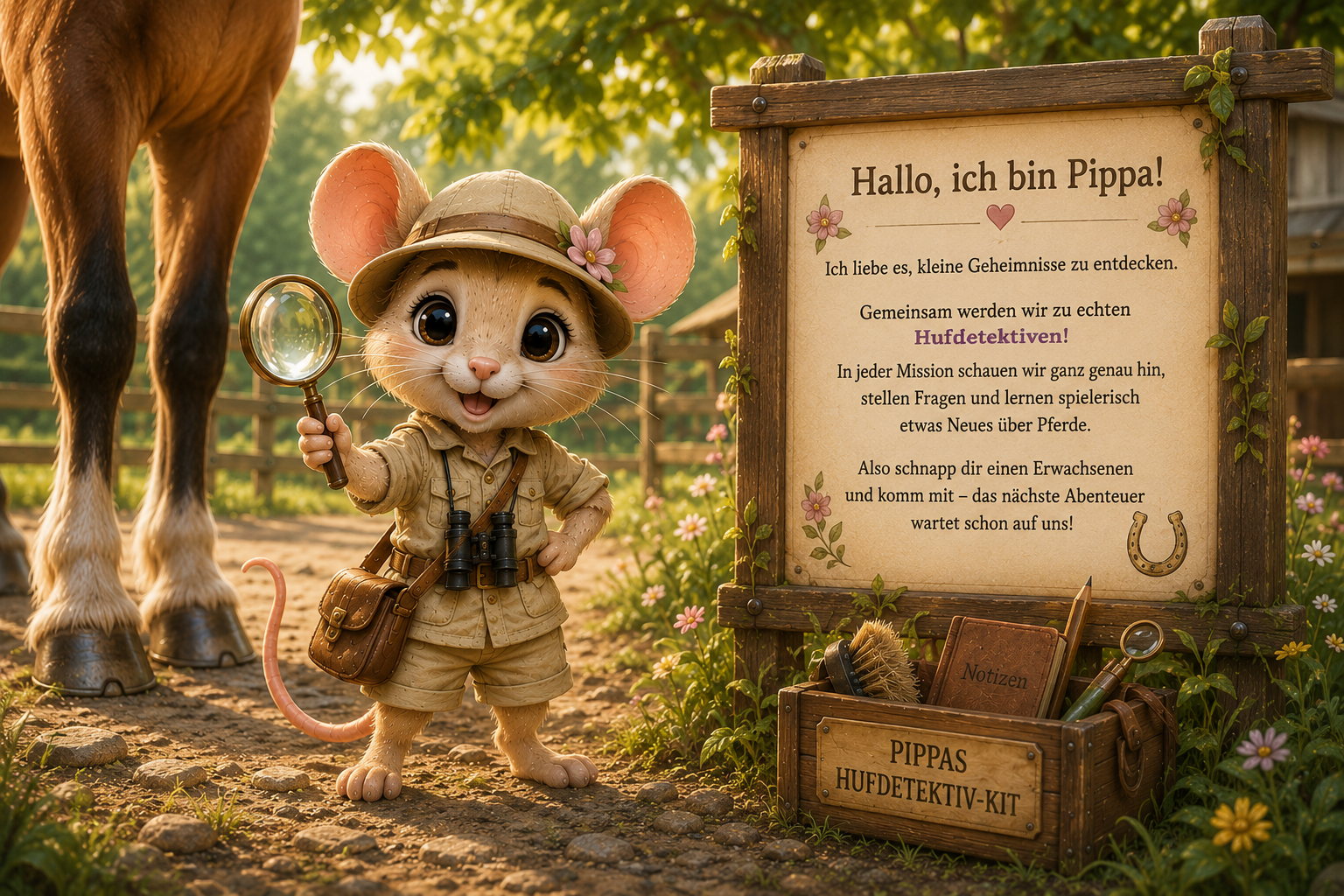 Pippa, die kleine Maus, steht als Hufdetektivin mit Lupe und Forscherausrüstung neben einem Pferd und stellt ihre Entdeckermission rund um Pferdehufe vor