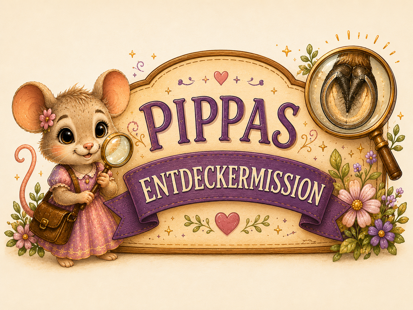 Pippa untersucht mit einer Lupe einen Pferdehuf auf dem Titelbild ihrer Entdeckermission. 