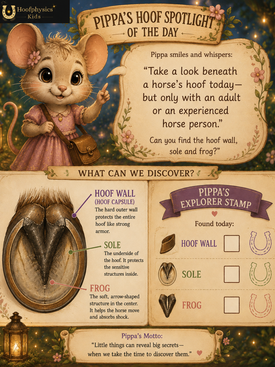 “Pippa’s free Discovery Mission for young hoof detectives to identify the hoof wall, sole, and frog on a horse’s hoof.