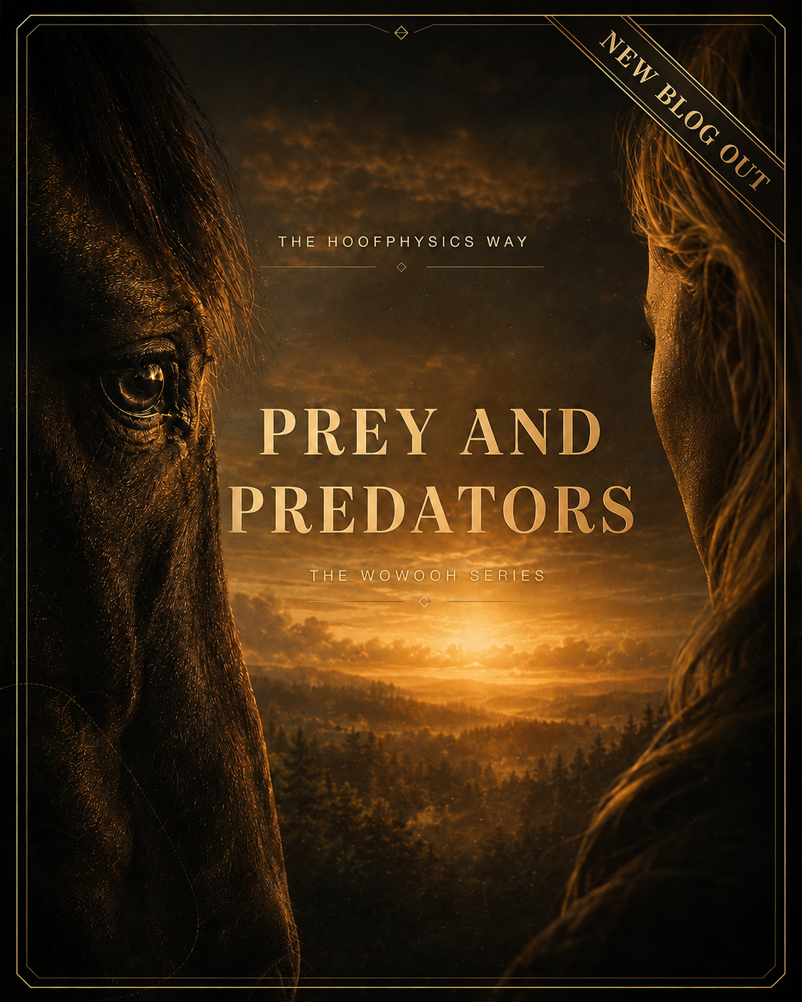 Cineastisches Hoofphysics-Titelbild zum neuen Blog „Prey and Predators“ mit Pferdeauge und Frau im goldenen Abendlicht 
