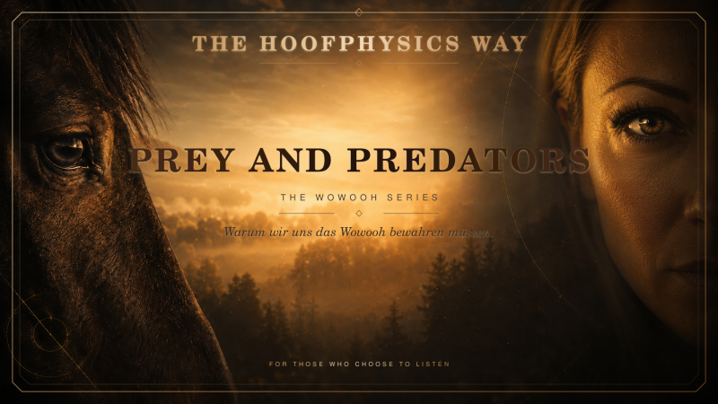 Blogheader „Prey and Predators“ mit einem schwarzen Pferd und einer Frau im goldenen Licht – The Wowooh Series von Hoofphysics.