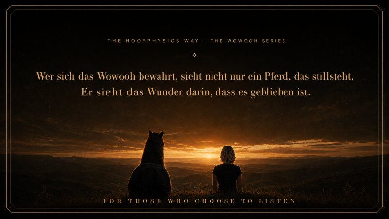 Pferd und Mensch blicken gemeinsam in eine goldene Landschaft, begleitet vom Hoofphysics Thought über das Wunder des Vertrauens.