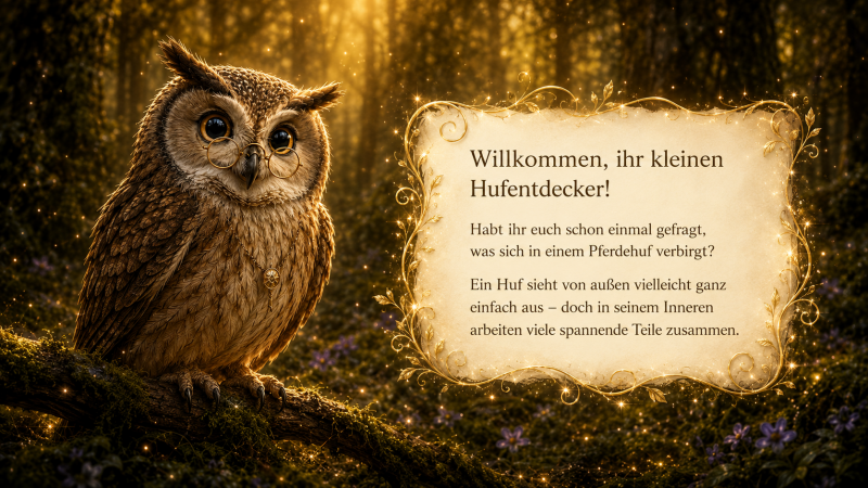 Professor Eule begrüßt die kleinen Hufentdecker in einem leuchtenden Goldhain-Wald und erklärt, dass im Pferdehuf viele spannende Teile zusammenarbeiten. 