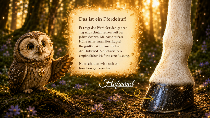 Professor Eule erklärt Kindern die schützende Hornkapsel des Pferdehufs. Ein goldener Pfeil markiert die sichtbare Hufwand am schwarzen Huf.