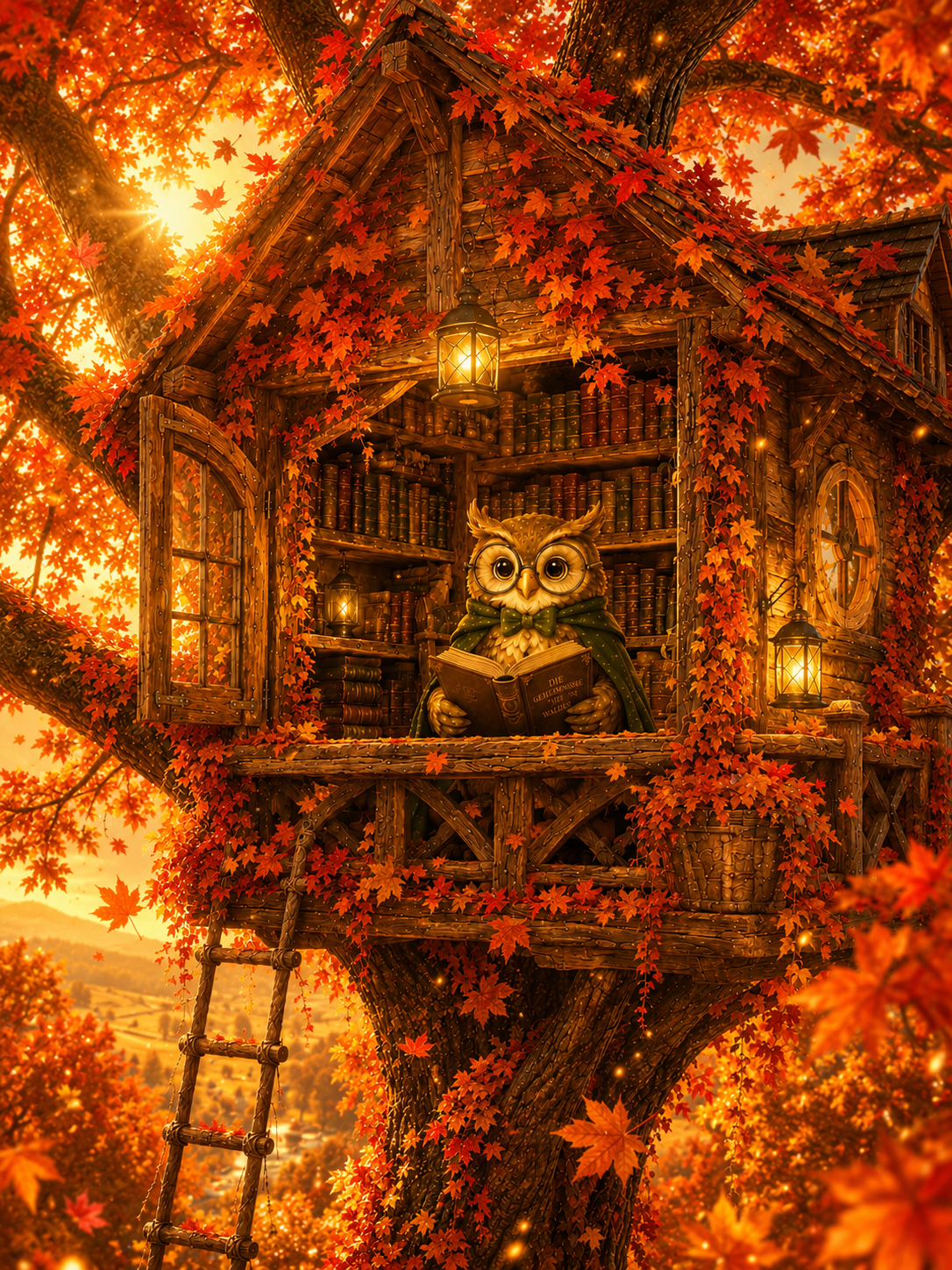 Professor Eule liest in seiner gemütlichen Baumbibliothek, umgeben von Büchern, warmen Laternen und leuchtend roten Herbstblättern.