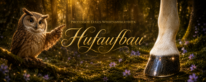 Professor Eule erklärt den Aufbau des Pferdehufs in einem leuchtenden Goldhain-Wald neben einem funkelnden schwarzen Huf.