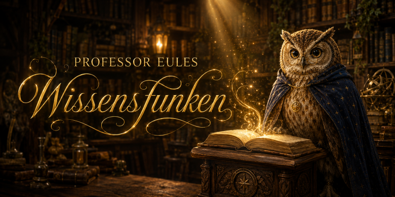 Professor Eule steht in seiner magisch beleuchteten Goldhain-Bibliothek neben einem geöffneten Buch, aus dem goldene Wissensfunken aufsteigen. Links leuchtet der Schriftzug „Professor Eules Wissensfunken“.