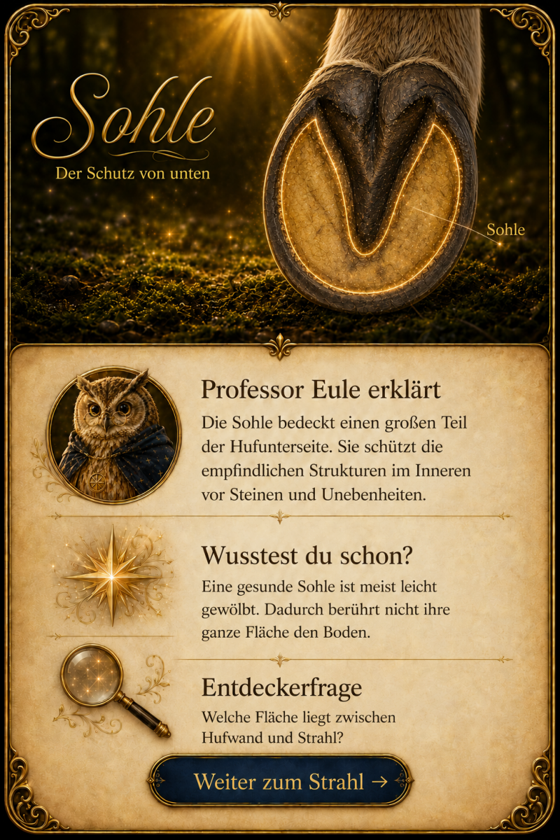 Cineastischer Wissensfunken-Steckbrief zur Sohle mit golden markierter Hufunterseite, Professor Eules Erklärung, einem „Wusstest du schon?“-Funken, einer Entdeckerfrage und einem Button zum Strahl.