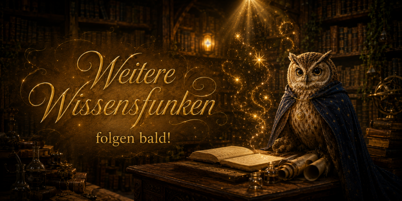 Professor Eule sitzt in seiner warm beleuchteten Goldhain-Bibliothek an einem Schreibtisch, während goldene Wissensfunken aus einem geöffneten Buch aufsteigen. Daneben steht „Weitere Wissensfunken folgen bald!“.