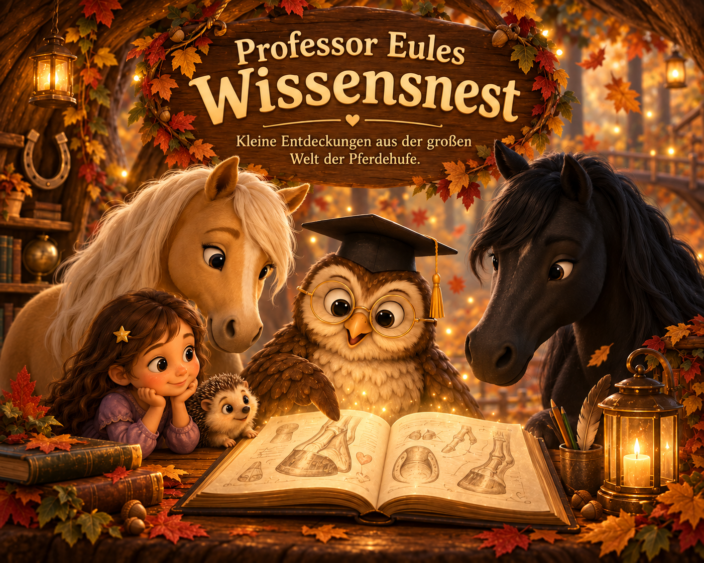 Professor Eule liest Liv und Milo in seinem leuchtenden Wissensnest aus einem großen Buch vor.