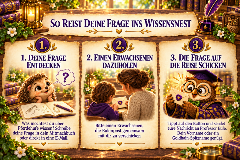 Dreiteilige Goldhain-Anleitung: Fips entdeckt eine Frage, ein Kind verschickt sie gemeinsam mit einem Erwachsenen und Professor Eule empfängt die Eulenpost.
