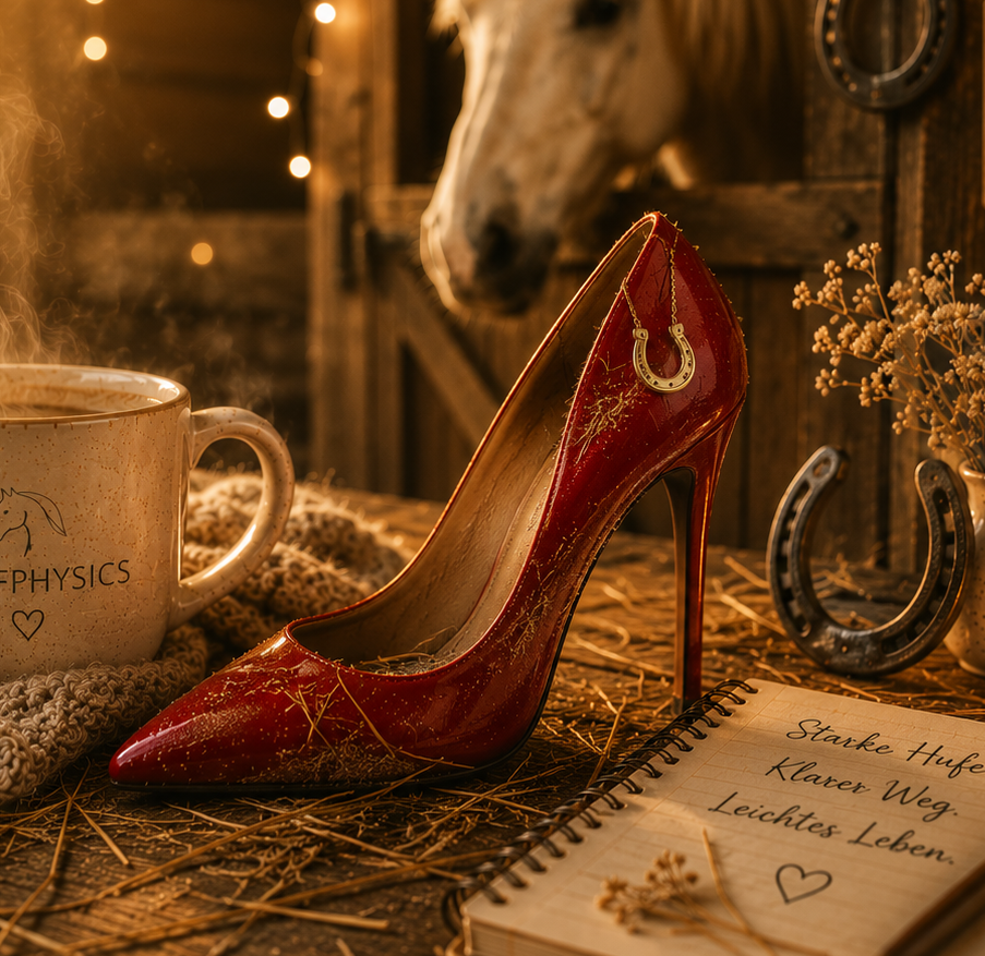 Roter High Heel neben Hufpflege-Notizen – humorvolle Darstellung häufiger Irrtümer rund um Pferdehufe