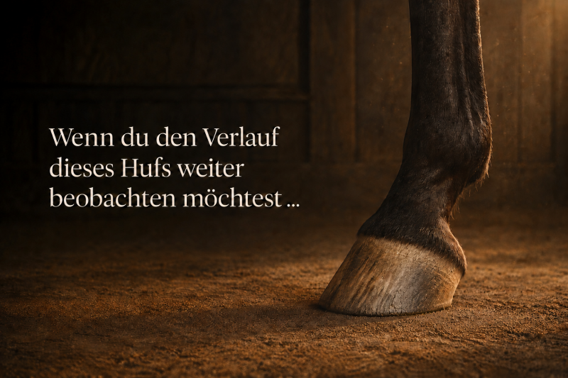 Pferdehuf in warmer Stallatmosphäre – Verweis auf weitere Verlaufsbilder und Entwicklungen in Only Hooves