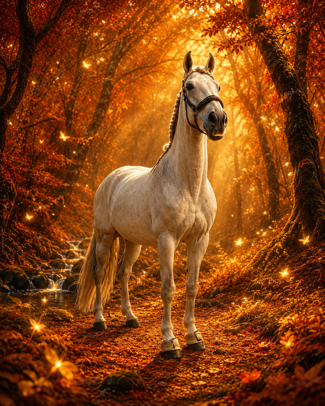 eißes Pferd mit geflochtener Mähne steht in einem leuchtenden Herbstwald, umgeben von goldenen Sonnenstrahlen und magischem Goldhain-Glitzern 