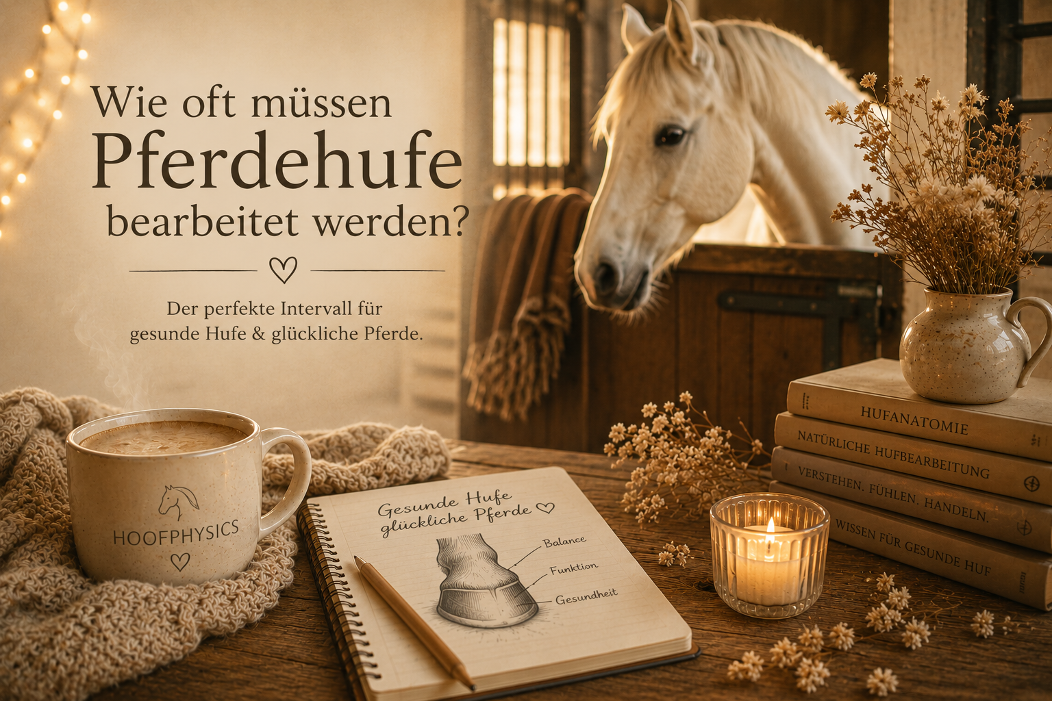 Pferd im warmen Stallambiente mit Hufskizze und Hoofphysics-Tasse – Beitrag über sinnvolle Bearbeitungsintervalle für Pferdehufe