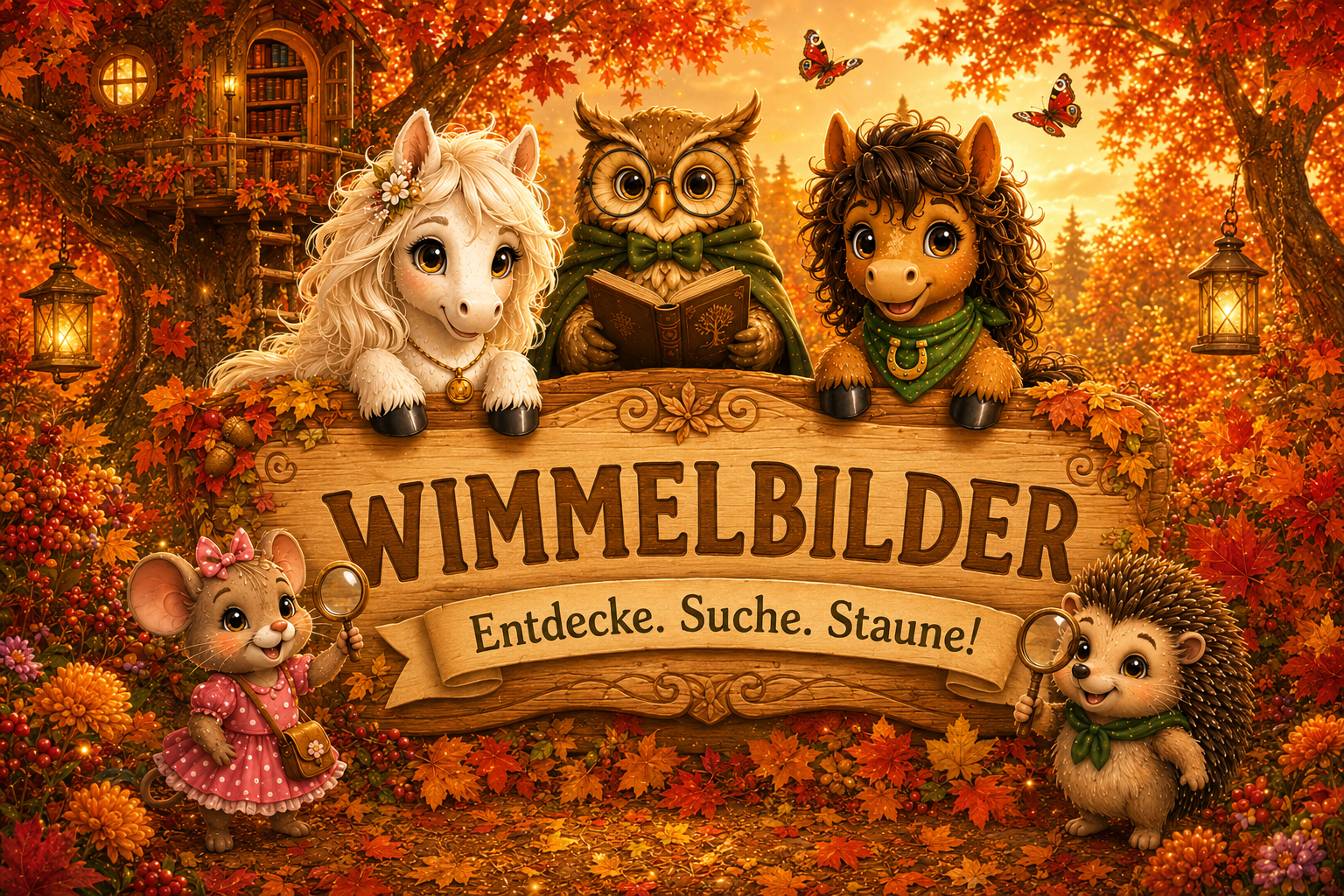 Liv, Milo, Professor Eule, Pippa und Fips entdecken gemeinsam die Wimmelbilder im leuchtend rot-goldenen Herbstwald von Goldhain. 