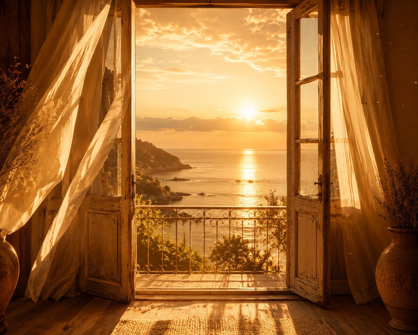 Offene Balkontür mit goldenem Sonnenaufgang über dem Meer – Symbol für Weite, Ruhe und einen neuen Blick nach vorn