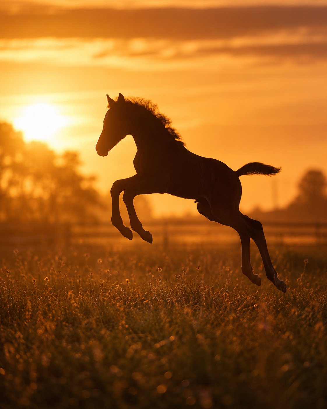 Pferd springt frei über eine Wiese im goldenen Sonnenuntergang
