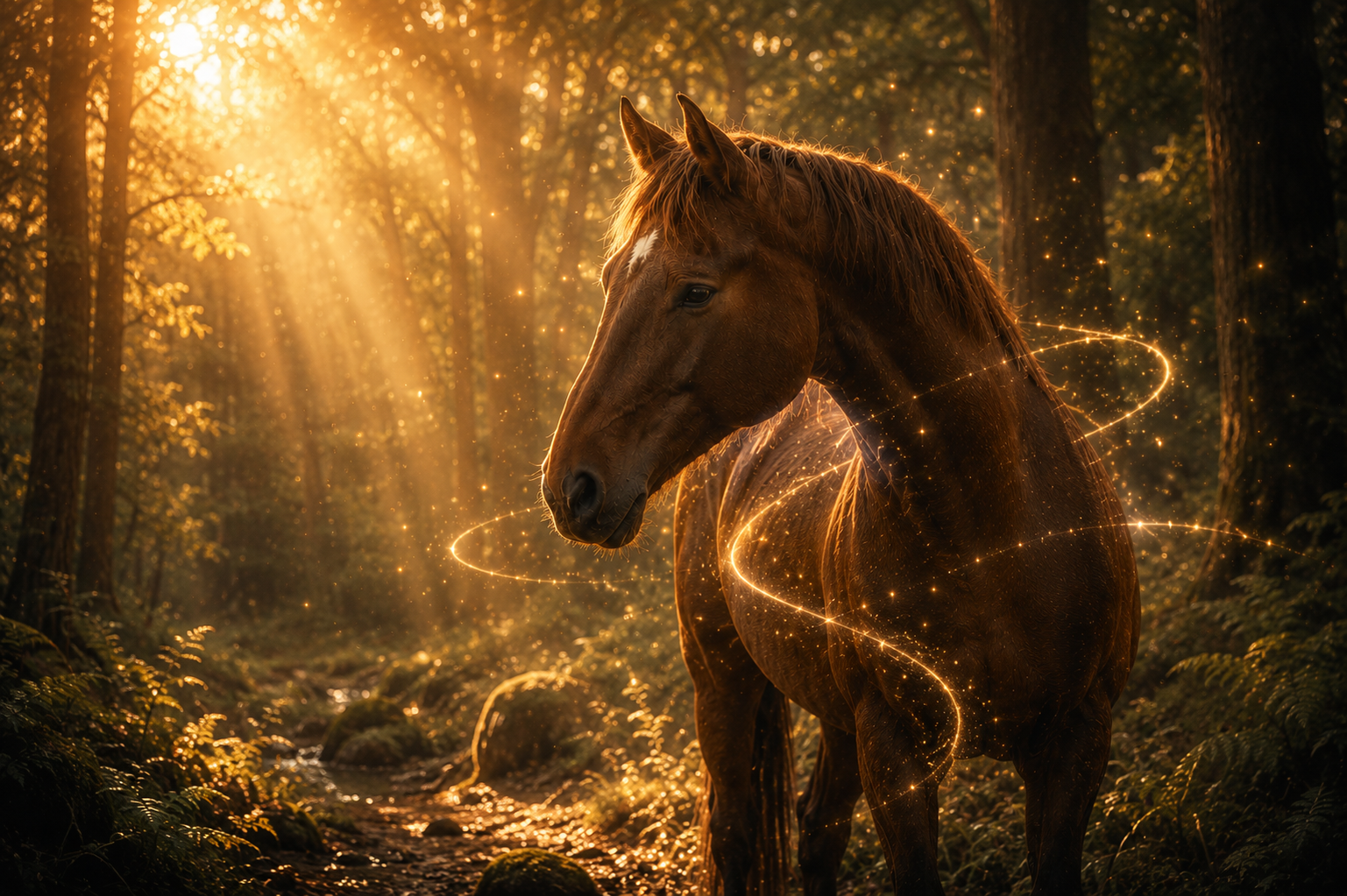 Pferd im goldenen Waldlicht mit leuchtender Lichtspur – symbolischer Hoofphysics-Moment über Verbindung und Wahrnehmung