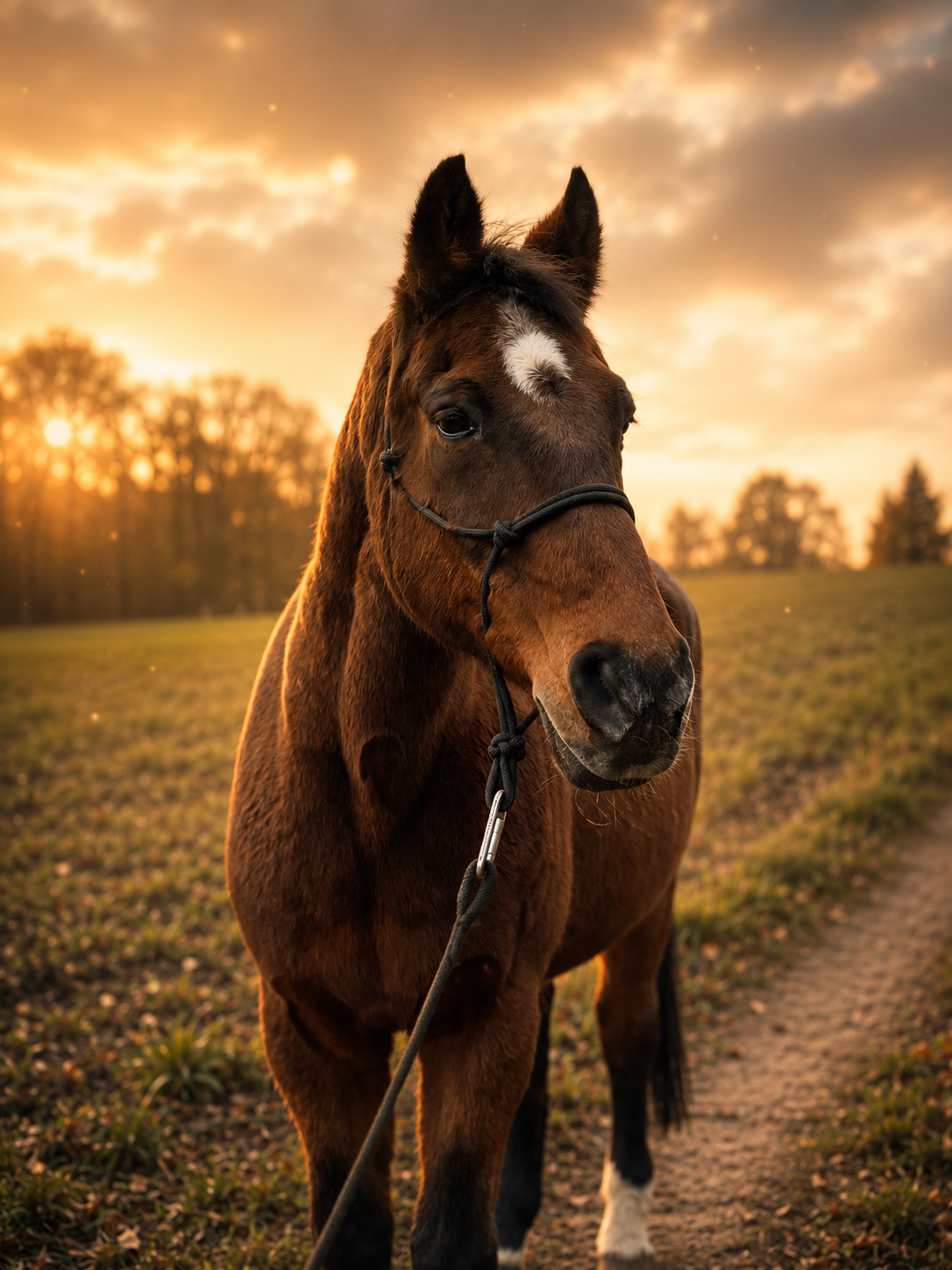 Braunes Pferd mit Halfter auf einem Feldweg im warmen Abendlicht