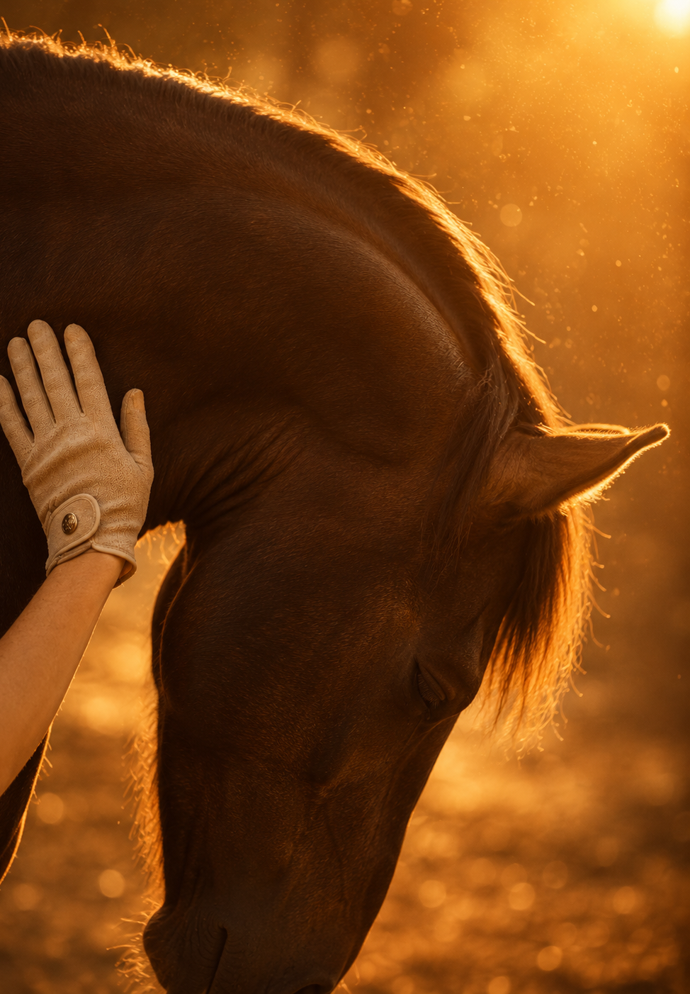 Pferd im warmen Abendlicht mit einer Hand am Hals – ruhiger Moment von Nähe, Vertrauen und Verbindung