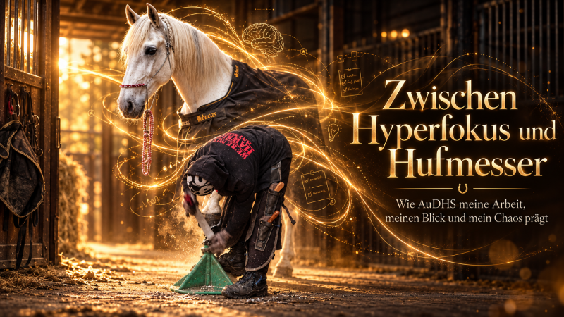 Hufbearbeiterin bei der Arbeit an einem weißen Pferd, umgeben von goldenen Licht- und Datenlinien als Symbol für Hyperfokus, Gedankenfülle und AuDHS.