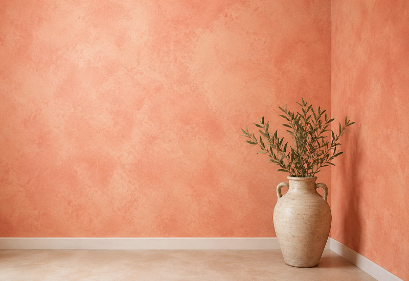 soft color variation in peaches and dusy pink on a wall with a plant