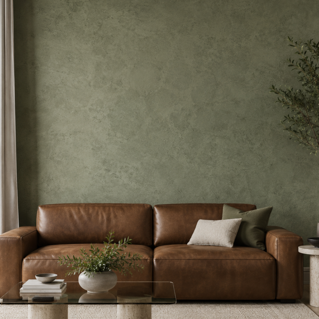 green limewash wall with a leather couch creates a warm and inviting ambiance