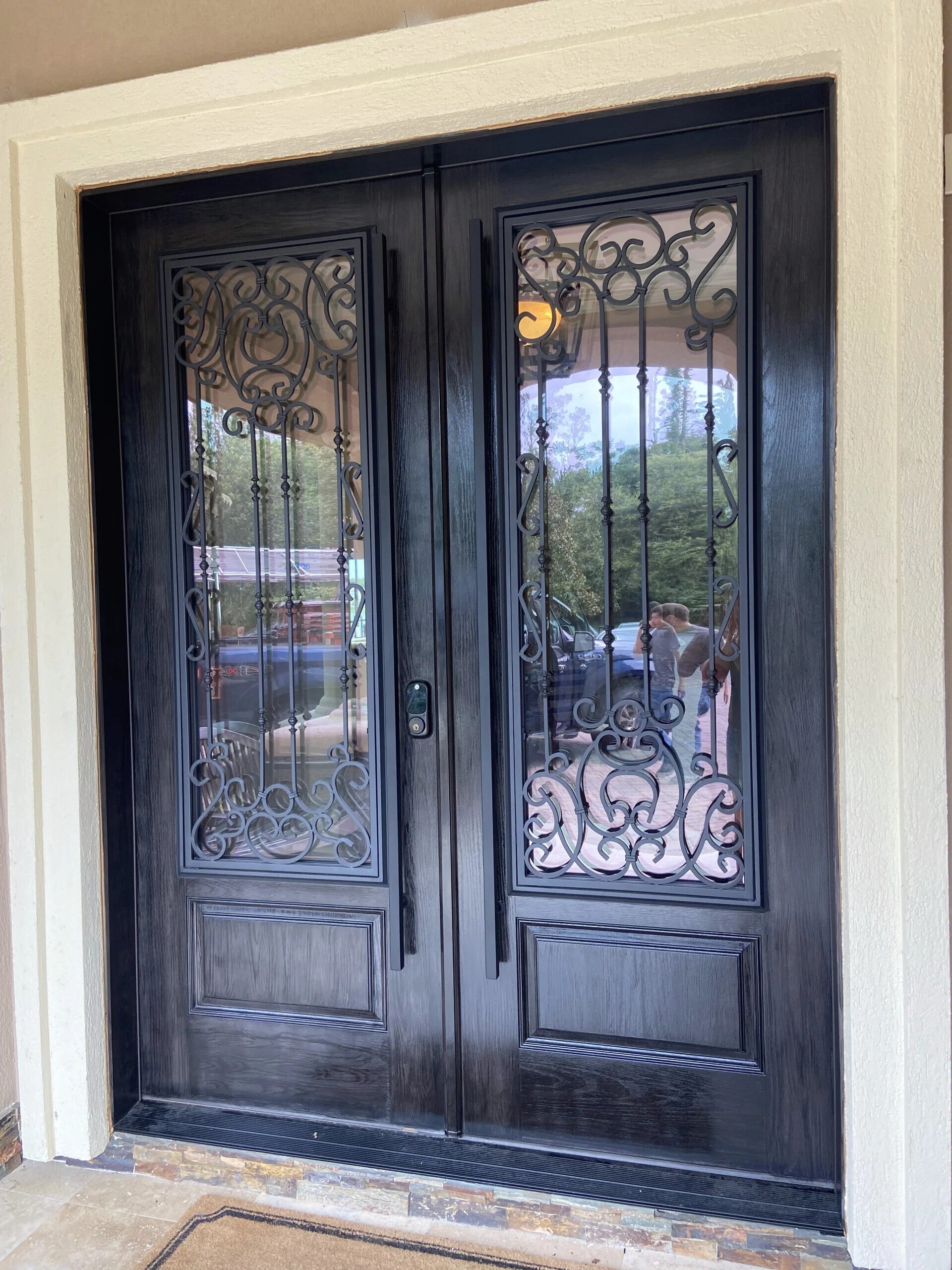 elegant front doors with a faux metallic sheen
