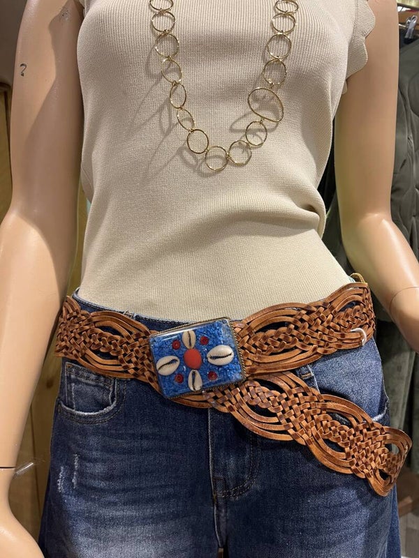 Leren Boho Belt - Shell blue