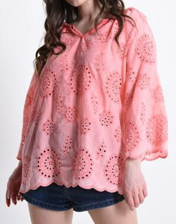 Broderie bloesje koraal