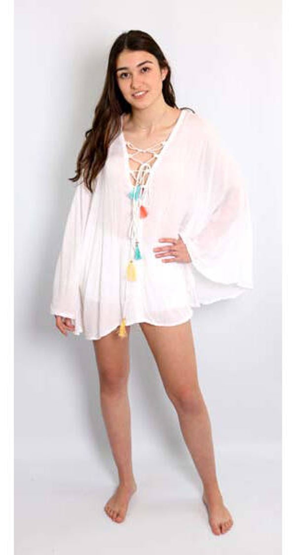 IbizaFlower poncho wit met kwasten 