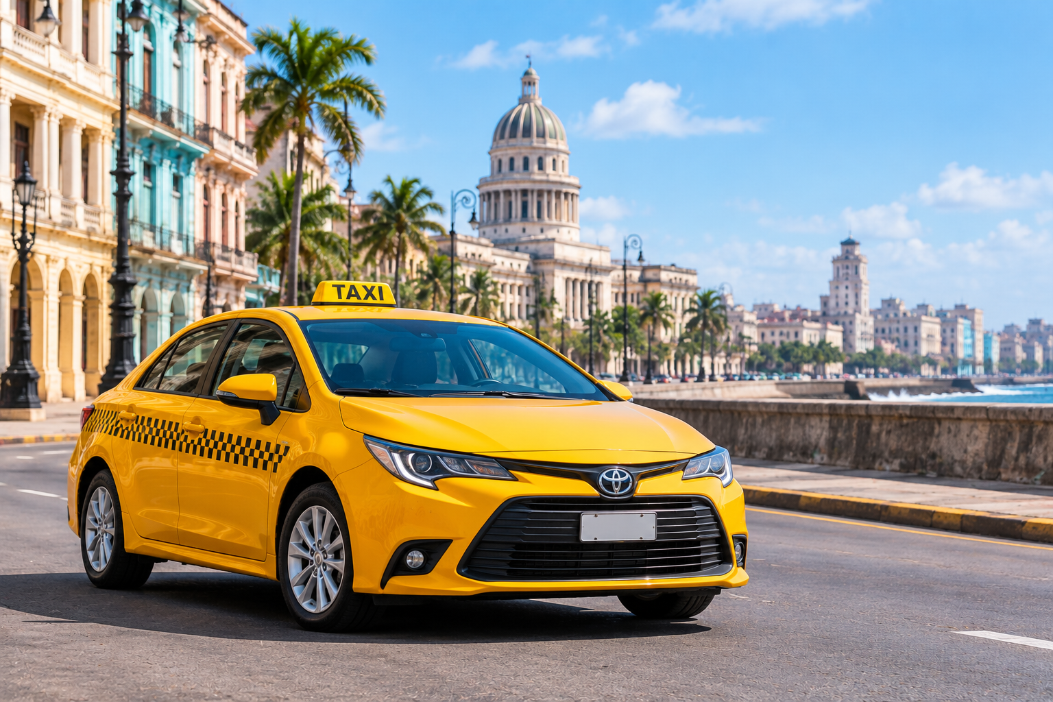 Taxi amarillo moderno en La Habana, Cuba