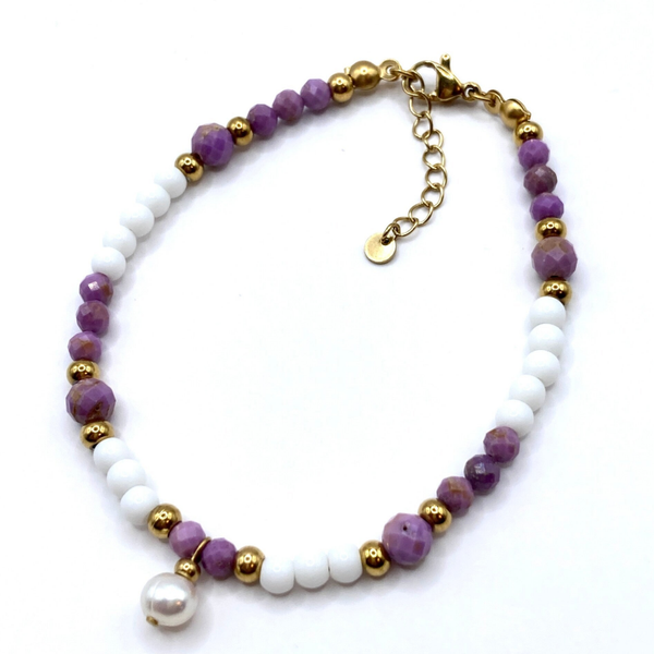 Armband mit Lepidolith & 18k IP-vergoldetem Edelstahl sowie Süßwasserzuchtperle