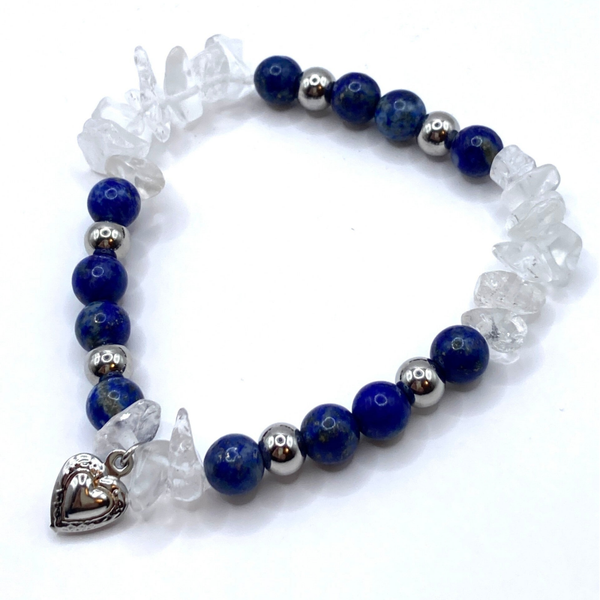 Flexibles Armband mit Lapislazuli Edelsteinen, Quarzkristall &  Edelstahl