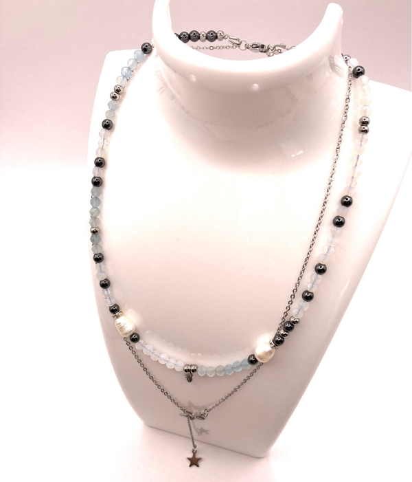Doppellagige Halskette mit Opalit, Aquamarin, Hämatit, Süßwasserzuchtperlen und Edelstahl