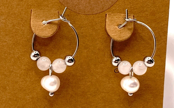 Creolen mit Weißer Jade, Süßwasserzuchtperlen &  Chirurgischem Edelstahl