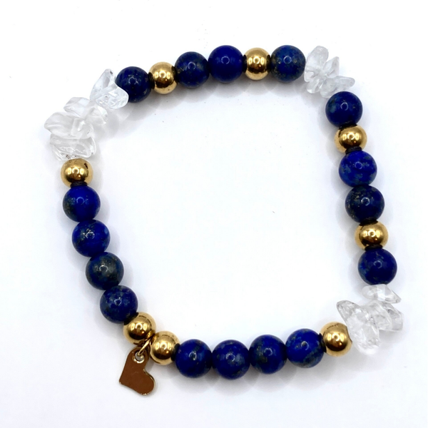 Flexibles Armband mit Lapislazuli Edelsteinen, Quarzkristall & 18k IP-vergoldetem Edelstahl