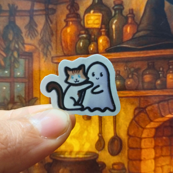 Mini sticker chat et fantôme Halloween – 4 variantes – sticker chat câlin fantôme mignon 3,2 x 2,5 cm