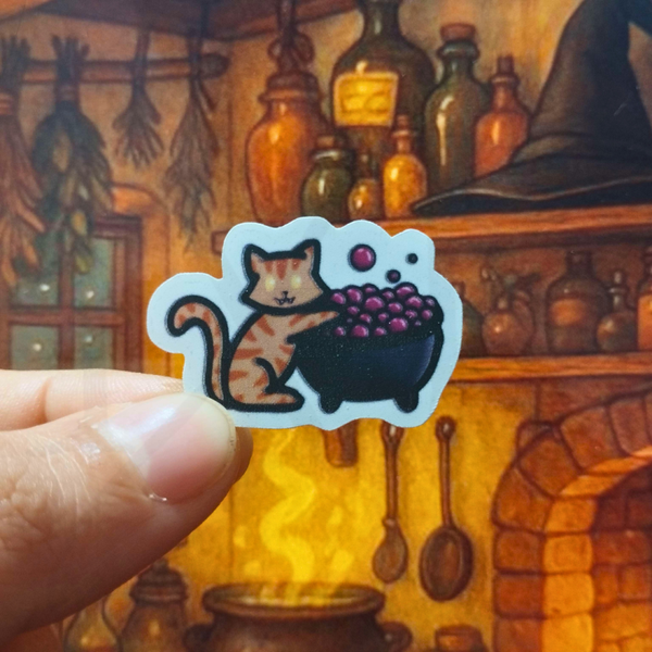 Mini sticker chat chaudron Halloween – 4 variantes – sticker chat sorcière potion mignon 3,7 x 2,5 cm