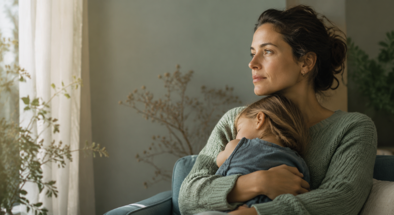 „Mutter hält ihr Kind im Arm und blickt nachdenklich zum Fenster – zwischen Liebe, Verantwortung und eigenen Bedürfnissen.“
