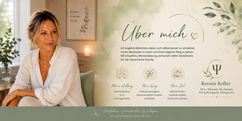 Porträt von Kerstin Koller, MSc, Klinische Psychologin und Psychologische Therapeutin, mit Einblicken in ihre Haltung, ihren Weg und ihre Ziele.