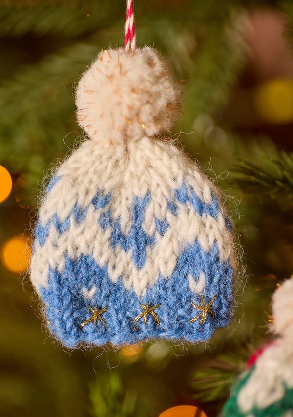 Blue/Cream Hanging Bobble Hat Christmas Decoration