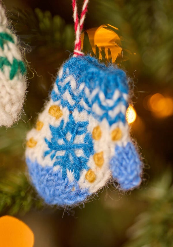 Blue/Cream Hanging Mitten Christmas Decoration